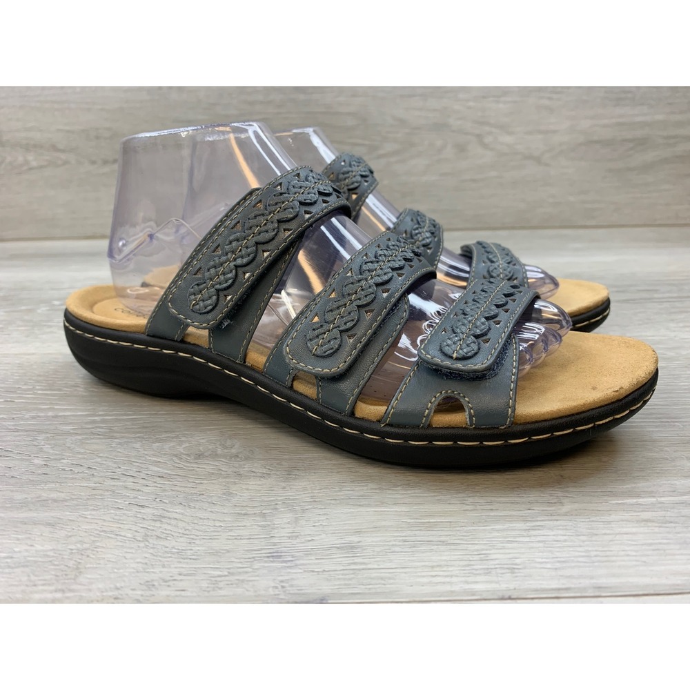 Clarks Women's Leisa Janna Blue Leather Triple Strap Comfort Sandals 8 Shoes
